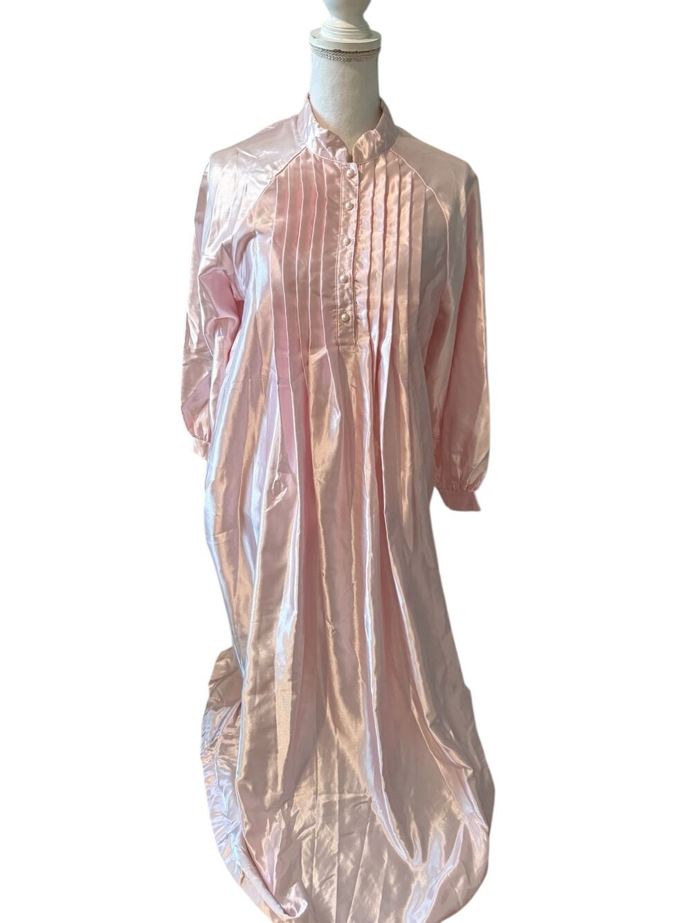 Vintage Satin Pintuck Long sleeve Maxi Nightgown Pale Pink